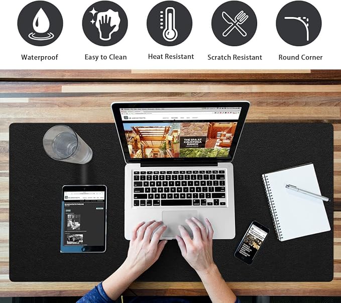 Non-Slip Desk Pad Waterproof PVC Leather Desk Table Protector on Top of Desks Large Mouse Pad Easy Clean Computer Keyboard Laptop Desk Writing Mat for Office Home Decor (Black, 17" x 36")