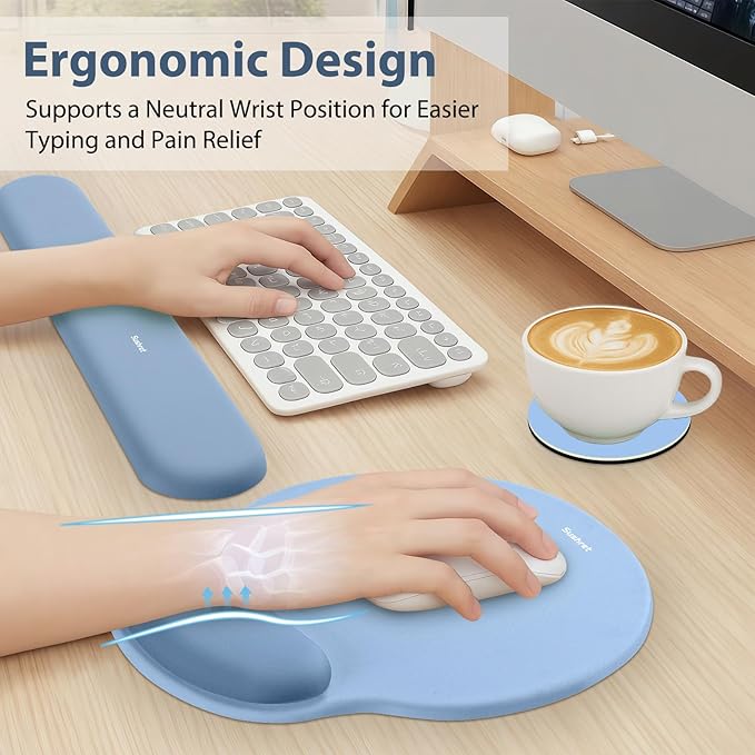 Sushret Mouse Pad and Keyboard Wrist Rest, 3-in-1 Gel Memory Foam Ergonomic Mouse Pad with Wrist Rest Set,Gaming Mousepad Arm Cushion Support for Computer Office Desk Accessories Cute Setup,Sky Blue