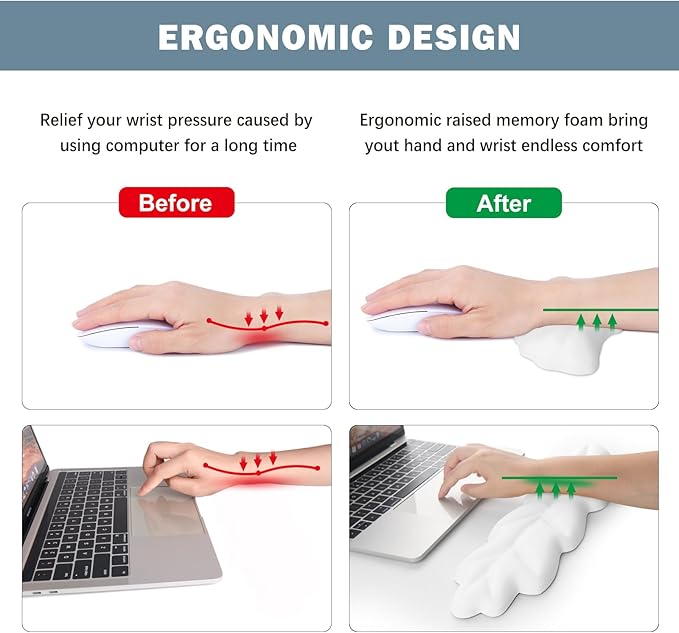 Keyboard Wrist Rest Pad Set, Leaf Shape PU Leather Memory Foam Wrist Cushion Support,Mouse Wrist Rest Pad,Non-Slip Wrist Support for Easy Typing Pain Relief, White Leaf