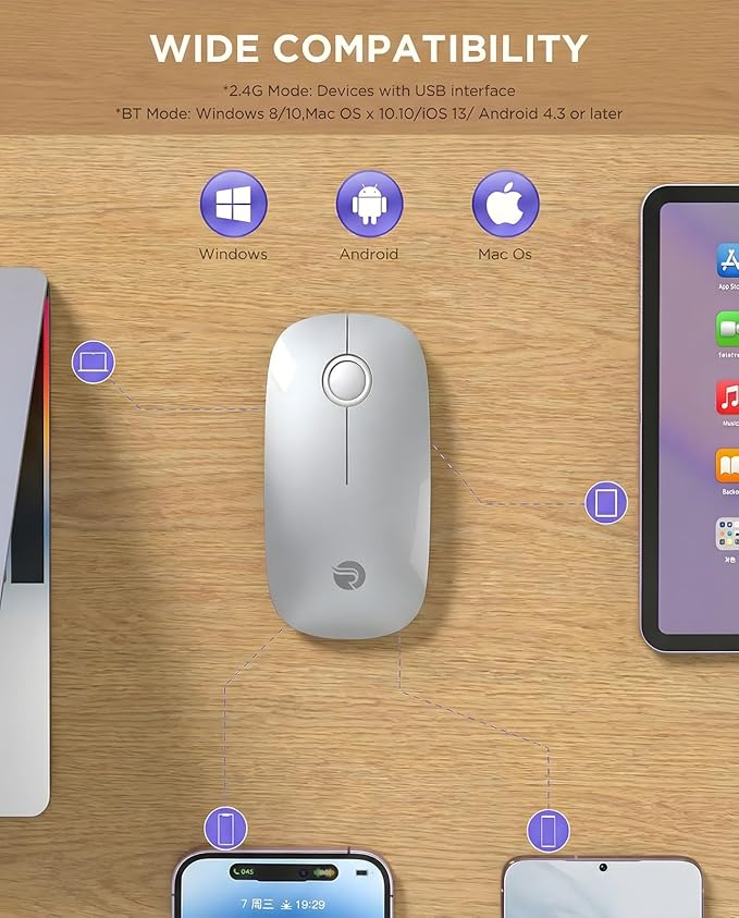 RAPIQUE R306 Wireless Mouse, Bluetooth 5.1 & 2.4GHz Dual Mode Silent Mouse, Silver Gloss Top with White Matte Base, Slim Portable Mouse for Laptop, MacBook,Tablet, Chromebook (Silvery)