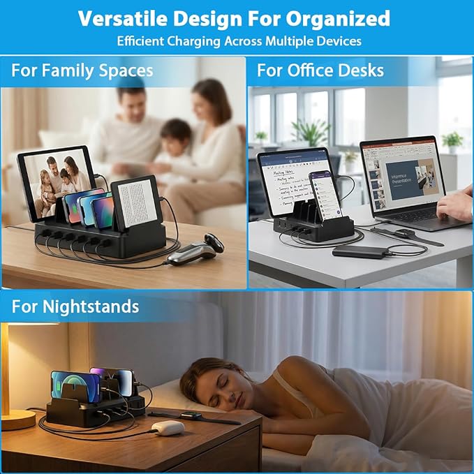 Charging Station for Multiple Devices, 6 Port USB Charger with Holder Stand and Cables for iPad, Apple, Android, Tablet, Office Desk Charging Dock Storage Organizer (Black)