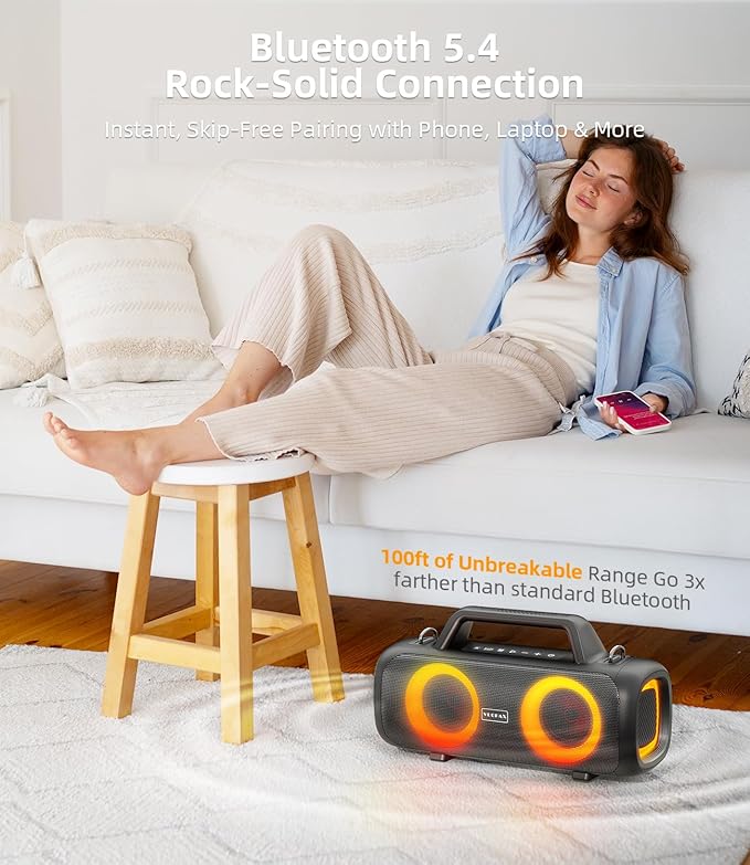 Portable Bluetooth Speaker 140W, Loud Wireless Speaker with 2 Subwoofers & Bass Boost, IP65 Waterproof Outdoor, 12000mAh Battery 24H Playtime, RGB Lights, TF/AUX/Mic Input for Home, Party, Outdoor
