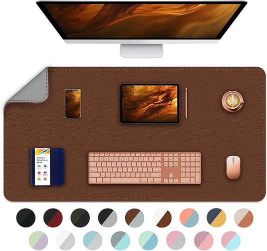 Bleswin Multifunctional Large Desk Mat, Double Sided Computer Desk pad, Extended Mouse Mat, Office Desk Protector with Waterproof PU Leather, 35.4''×16.9'', Office Home Writing Pad (Brown+Grey)