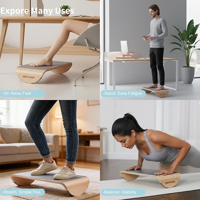 Wood Foot Rest Under Desk, Ergonomic Rocking Footrest with Whole Piece Curved Solid Wood Base,Balance Board Active Sitting Desk Footrest for Office & Home, No Assembly