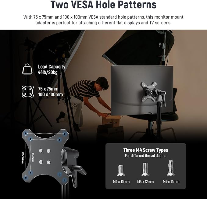 NEEWER VESA Monitor Mount Adapter with Arca Type Quick Release, 360° Rotatable Ball Head, M4 Screw & 5/8" Receiver Light Stand Adapter for TV Screen, Field Monitor, C Stand, Max Load: 44lb/20kg, MA016
