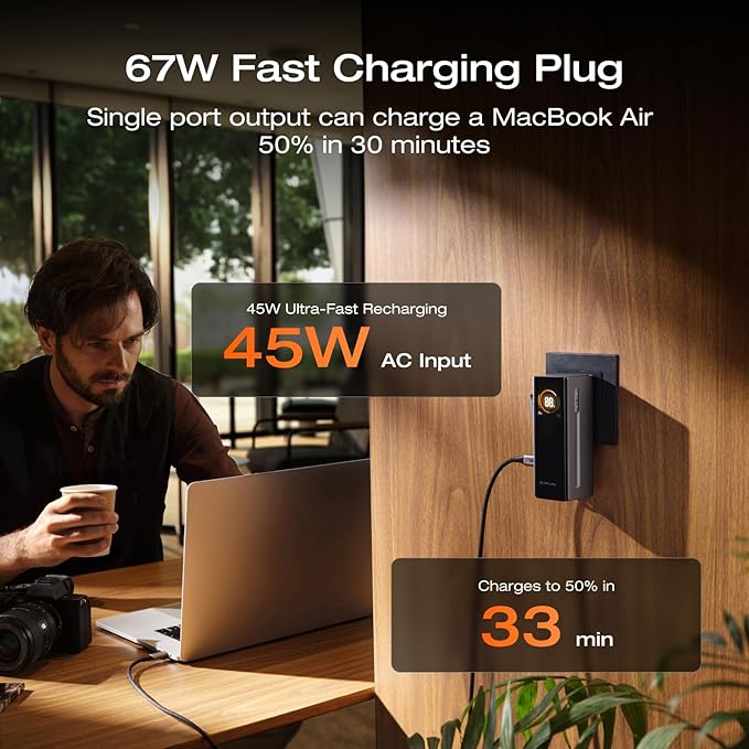 EF ECOFLOW RAPID Pro Power Bank with 65W Wall Plug, 10,000mAh 3-in-1 Portable Charger with Built-in USB-C Cable, 45W Fast Recharging, Travel Essentials for iPhone 17/16 Series, Galaxy, Laptops, and More
