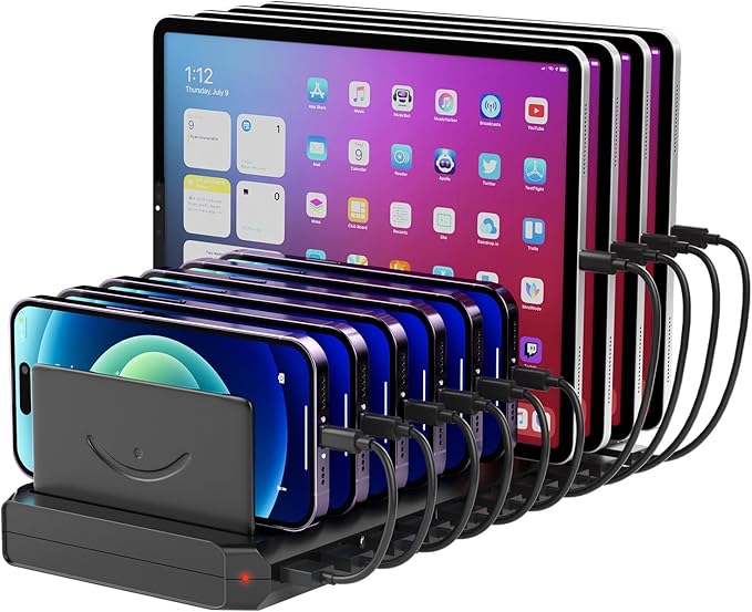 Charging Station for Multiple Devices, Multiple USB Charger Station with 10 Fast Charging Ports, Charging Station for iPhone Apple Watch Samsung Cellphone
