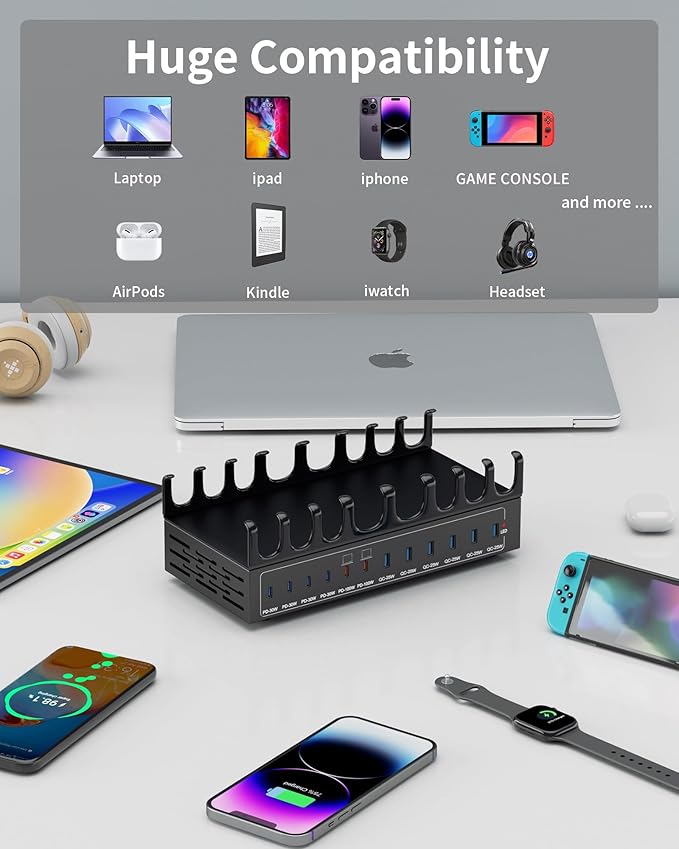 600W Charging Station for Multiple Devices, 12-Port USB C Charging Station with Dual 100W PD PPS, Multi Device Fast Charger Dock for MacBook Pro Laptop, iPhone, iPad, Tablet, Cell Phone
