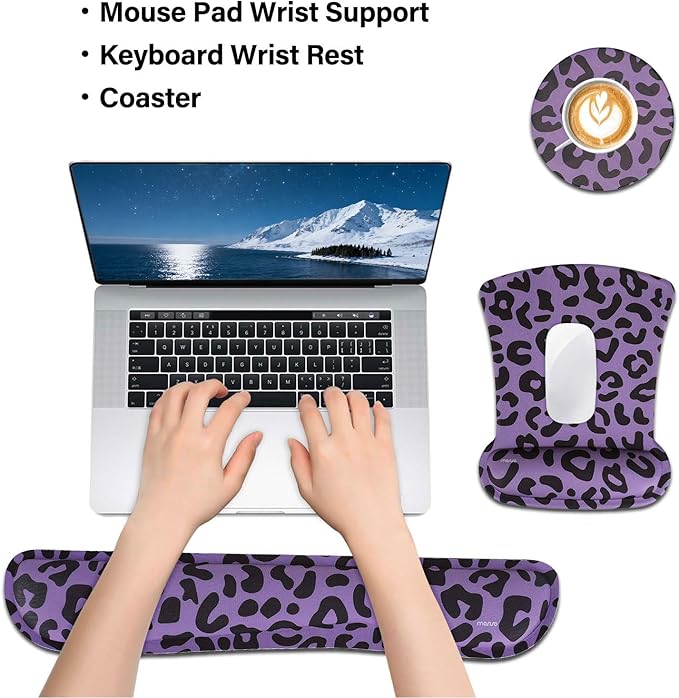 MOSISO Wrist Rest Support for Mouse Pad&Keyboard Set, Leopard Grain Ergonomic Mousepad&Coaster Non-Slip Base Home/Office Pain Relief&Easy Typing Cushion with Neoprene Cloth&Raised Memory Foam, Purple