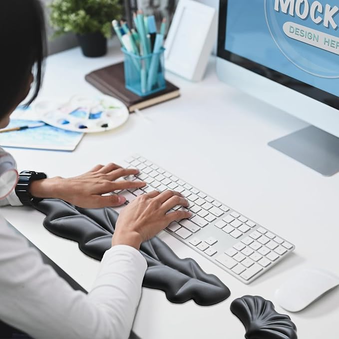 Ergonomic Keyboard Wrist Rest, Leaf Shape PU Leather Memory Foam Wrist Support for Computer Keyboard, Keyboard Pad and Cute Mouse Wrist Pad for Gaming,Office, Computer, Typing Pain Relief, Black