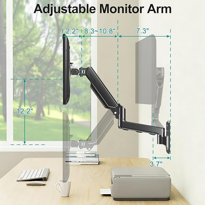 MOUNT PRO Monitor Wall Mount for 13 to 32 Inch Computer Screens, Single Monitor Mount with Tilt/Swivel/Rotation Adjustable, Gas Spring Wall Arm Holds up to 19.8lbs, Vesa Wall Mount 100x100