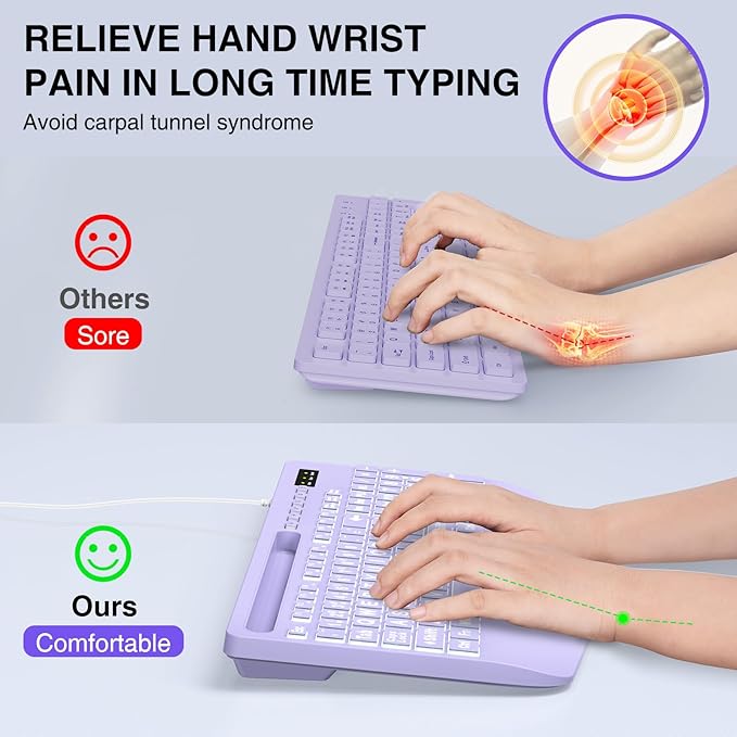 SABLUTE K21Pro Large Print Backlit Computer Keyboards, Wired Lighted USB Keyboards with 7-Color Backlit, Wrist Rest, Phone Holder, Easy to Read and Type for Laptop, PC, Windows, Desktop (Purple)