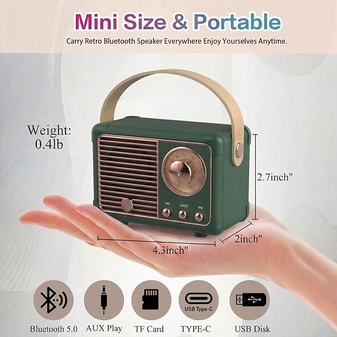 Dosmix Retro Bluetooth Speaker, Vintage Decor, Mini Wireless Bluetooth Speaker, Cute Old Fashion Style for Kitchen Desk Bedroom Office Party Outdoor Accessories for iPhone Android (Green)