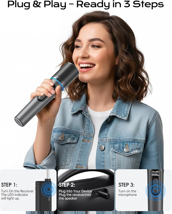 Wireless Microphone, Professional Handheld Dynamic Mic with Rechargeable Receiver, 5-Level Volume Adjustment, Dynamic RGB Lighting, 40-Hour Battery Rechargeable Microphone for Karaoke and Weddings.