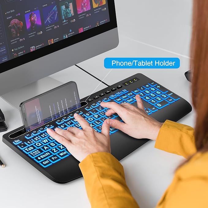 SABLUTE K21 Pro Large Print Backlit Keyboard, Wired USB Computer Keyboards with 7-Colors Backlight, Wrist Rest, Phone Holder, Oversized Letter Keys Easy to See and Type for Laptop, PC, Windows, Black