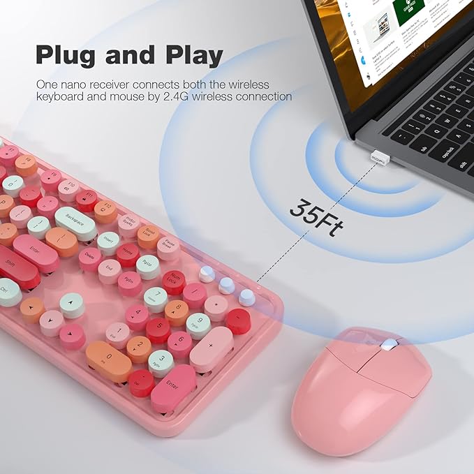 KNOWSQT Wireless Keyboard and Mouse Combo, Pink 104 Keys Full-Sized 2.4 GHz Round Keycap Colorful Keyboards, USB Receiver Plug and Play, for Windows, Mac, PC, Laptop, Desktop