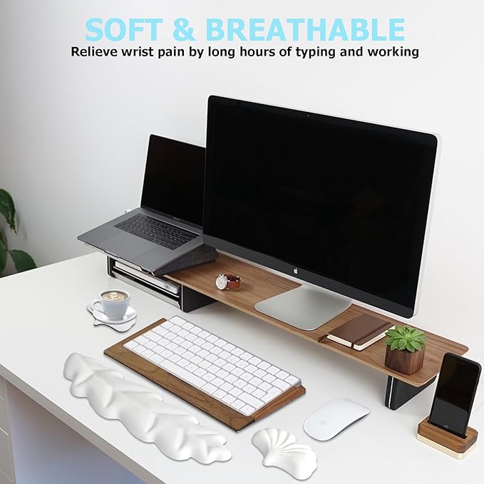 Ergonomic Keyboard Wrist Rest, Leaf Shape PU Leather Memory Foam Wrist Support for Computer Keyboard, Keyboard Pad and Cute Mouse Wrist Pad for Gaming,Office, Computer, Typing Pain Relief, White