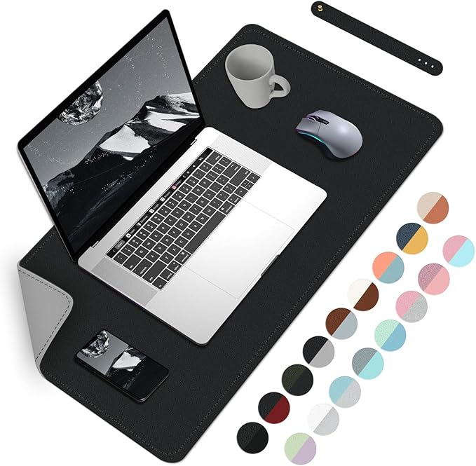 Bleswin Double-Sided Desk Mat, 23.6''×13.8'', PU Leather Mouse Pad, Waterproof Desk Pad, Laptop Leather Desk Mat, Protector for Keyboard and Mouse for Office and Home (Black+Grey)