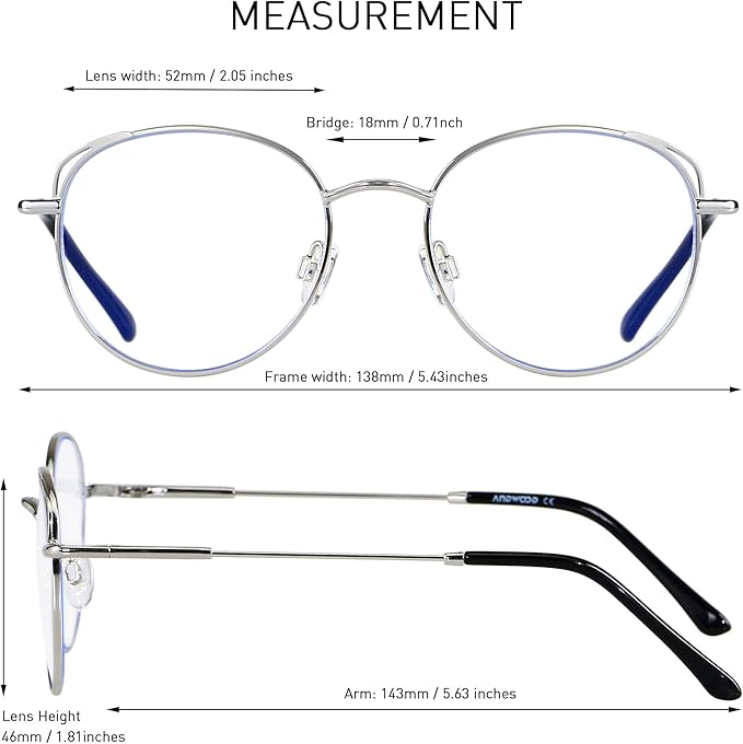 ANDWOOD Blue Light Blocking Glasses Women Cat Eye Computer Eyeglasses Metal Frame Hipster 2 Pack