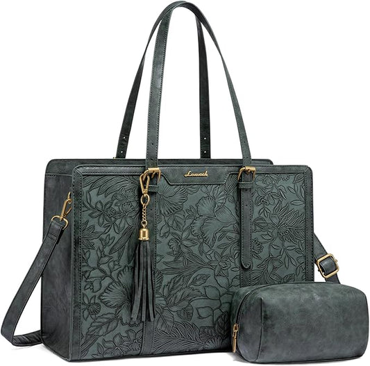 LOVEVOOK Laptop Bag for Women Vintage Leather Laptop Tote 15.6 inch Large Capacity Computer bag with Clutch Purse for Work