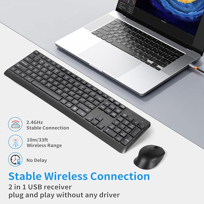 HUO JI Silent Wireless Keyboard and Mouse Combo, 2.4G Full-Size Thin Computer Keyboard Set, Quiet and Soft Ergonomic Wireless Keyboard Mouse for Windows, Laptop/PC/PS/Mac Desktop, Black