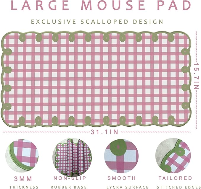Cute Pink Green Scalloped Desk Mat Checkered Large Mouse Pad Kawaii Retro Cozy Vintage Cottagecore Aesthetic Office Desk Decor Stitched Nonslip Pad for Computer Keyboard & Mouse 31 * 15.7in