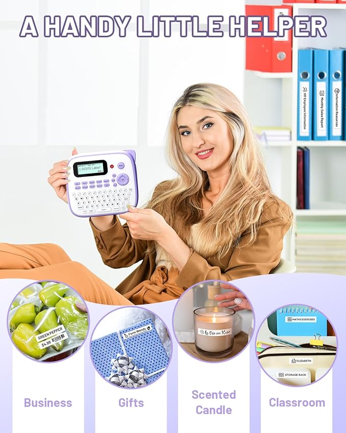 Label Maker Machine with-Tape Waterproof, Desktop Label Maker, Portable Labelmaker Purple for Teachers Kids Classroom, Labeler with Multiple Symbols &Fonts for Home Office School Use, D210S