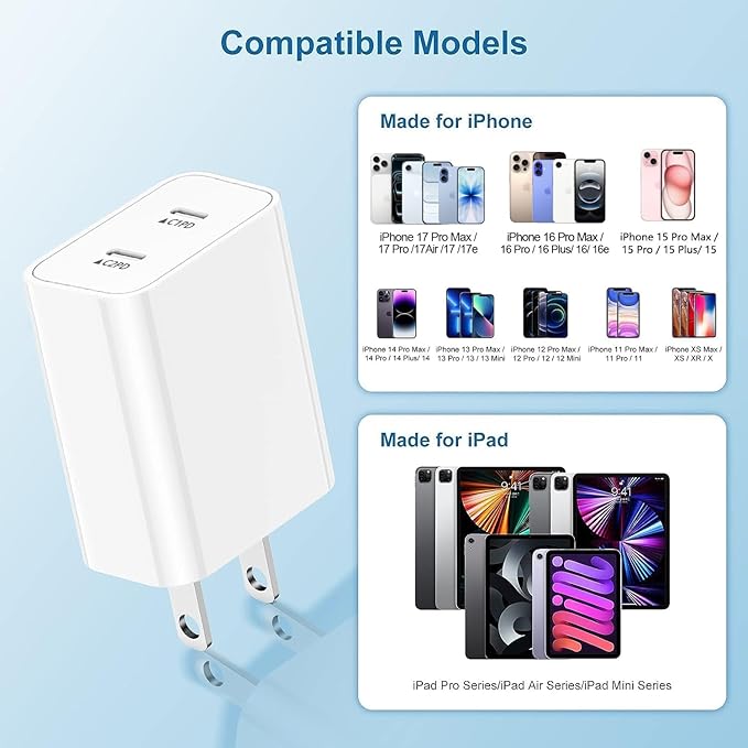 USB C Fast Charger Block,USB C Charging Block 2-Pack Type C 2in1 Dual Ports Plug Wall Charger, Fast Type C Charger for iPhone 17 Pro Max/17 Pro/17 Air/16 Pro Max/15/14/13/12/11/Xs Max/XR/X,iPad