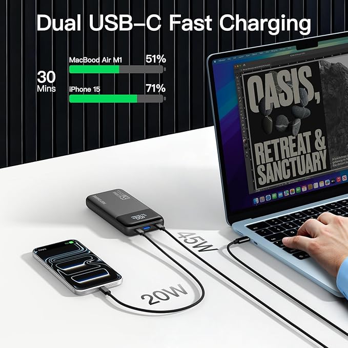 2026 Laptop Portable Charger Power Bank, 26800mAh 65W Compact USB C Laptop Power Bank, PD QC Fast Charging 3-Output Battery Pack for MacBook iPad Tablet Steam Deck iPhone 17 16 15 14 Samsung S24