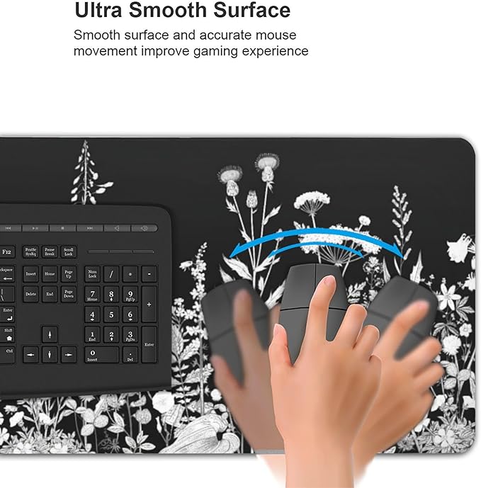 Large Floral Mouse Pad for Women, Black White XXL Desk Mat with Anti-Slip & Stitched Edges, Aesthetic Desk Pad for Keyboard and Mouse, Cute Office Supplies & Home Decor for Computer Desktop