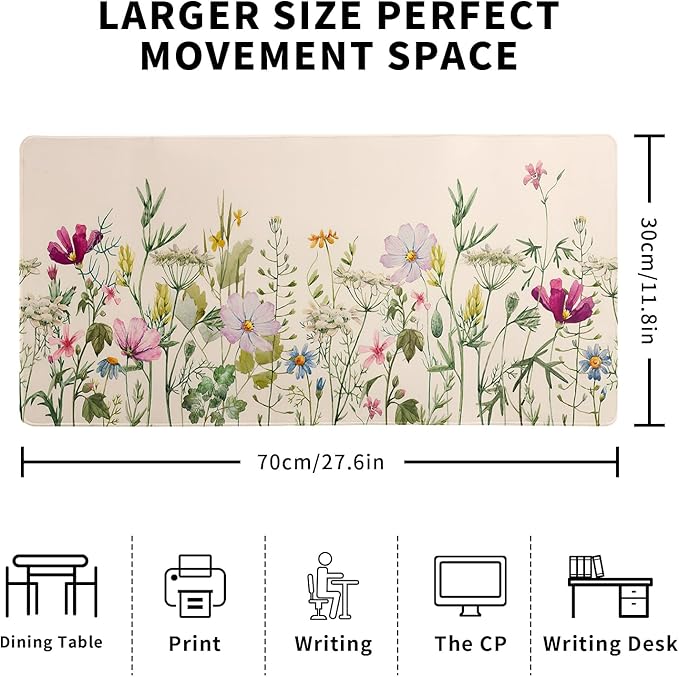 Flower Gaming Mouse Pad Large Mouse Pad for Keyboard and Mousepad Desk Mat with 3mm Non-Slip Base and Stitched Edge for Gaming and Office Computer Mat Protector Mat 27.6x11.8 Inch