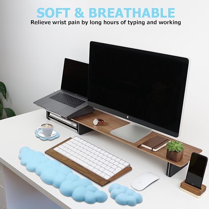 Cloud Wrist Rest Keyboard, PU Leather Memory Foam Wrist Support for Computer Keyboard, Ergonomic Keyboard Pad and Cute Mouse Wrist Pad for Gaming, Office, Computer, Easy Typing Pain Relief, Sky Blue
