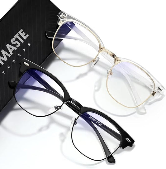 Blue Light Blocking Glasses Vintage Half Frame UV Clear Lens Anti Eyestrain Computer Gaming Glasses for Women Men (G03-crystal Gold+Bright Black)