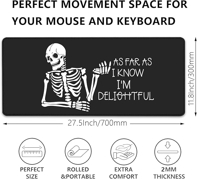 Skeleton Mouse Pad Skull Desk Pat,Mouse Mat Large Desk Mat for Desktop,Stitched Edges Non-Slip Waterproof Rubber Base Mouse Mat for Office Computer Keyboard Laptop and Home(27.5X11.8 in)