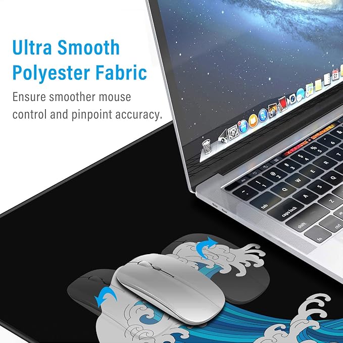 Large Mouse Pad Desk Mat 900 x 400 x 3mm Cool Sea Texture Non-Slip Rubber Base Mousepad Stitched Edges Keyboard Mat for Office Home Game - Black and White Sea Wave