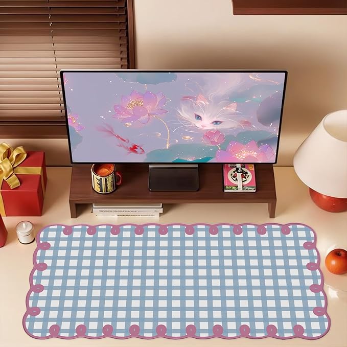 Cute Pink Blue Scalloped Desk Mat Pastel Checkered Large Mouse Pad Kawaii Aesthetic Retro Vintage Cottagecore Office Girl Desk Decor Stitched Pad for Computer Keyboard & Mouse 31 * 15.7in