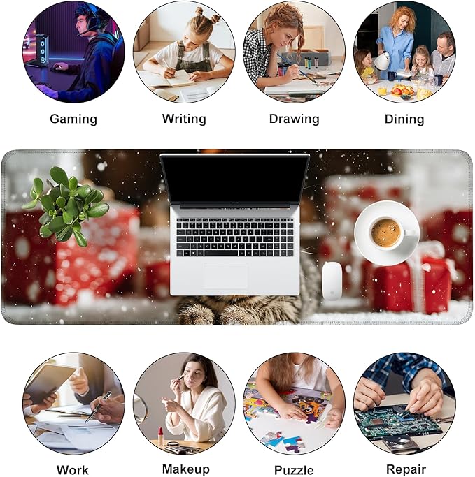 Mouse Pad, Large Anti-Slip with Stitched Edges Desk Mat Desktop Laptop Computer Desk Keyboard Mat,Table Protector Blotter Mat (cat, 31.5" x 11.8")