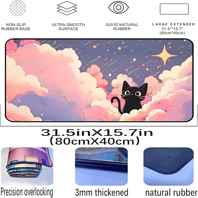 Anime Desk Mat,Pink Purple Clouds Mouse Mat Desk Pad, Cute Black Cat Game Mousepad, Full Deskmat, Extended Computer Desk Keyboard Mat, for Women Office Desktop Decor Aesthetics 31.5"X15.7"