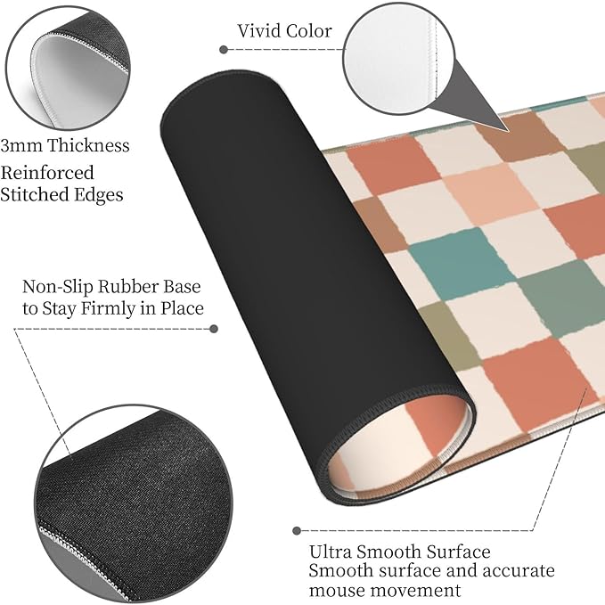 Boho Checkered Brown Gaming Mouse Pad Desk Mat for Home and Office, Large Mousepad Extended Keyboard Pad Stitched Edge Accessories Decor