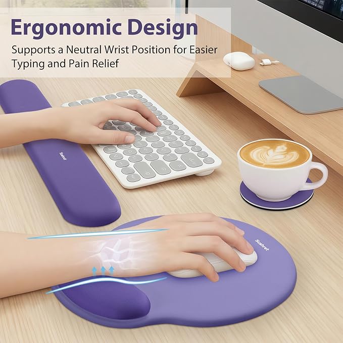 Sushret Mouse Pad and Keyboard Wrist Rest, 3-in-1 Gel Memory Foam Ergonomic Mouse Pad with Wrist Rest Set, Gaming Mousepad Arm Cushion Support for Computer Office Desk Accessories Cute Setup, Purple