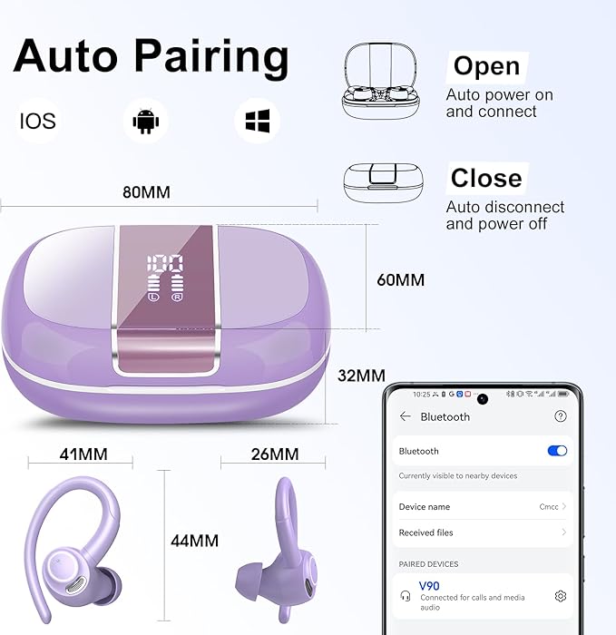 Wireless Earbuds Bluetooth 5.3 Headphones Sports, 48H Over Ear Buds with ENC Mic, Stereo Deep Bass Bluetooth Earbuds with Secure Earhooks, LED Display, IPX7 Waterproof Earphone for Running/Gym Purple
