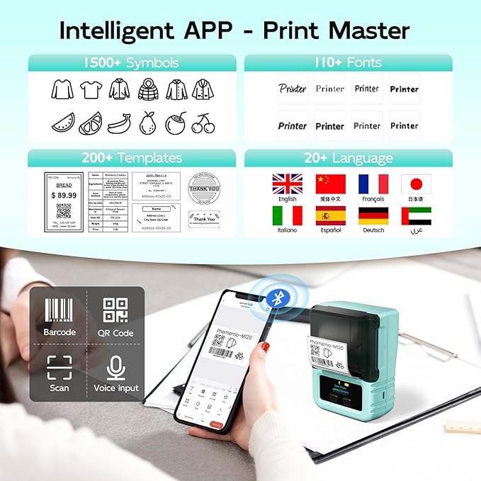 Phomemo M120 Smart Label Printer - 2" Bluetooth Thermal Label Maker with OCR & Voice Recognition, 3000 Labels Battery, 6000+ Icons for Business & Home