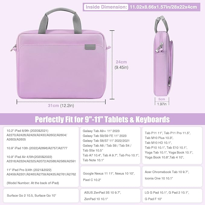 MoKo 9-11 Inch Tablet Sleeve Case, Protective Handle Shoulder Bag Fits 11inch iPad Air M3, iPad A16 2025, 10/9/8/7th 10.2, iPadPro 11, Tab S8/S9 11", Surface Go 2/3 10.5, Purple