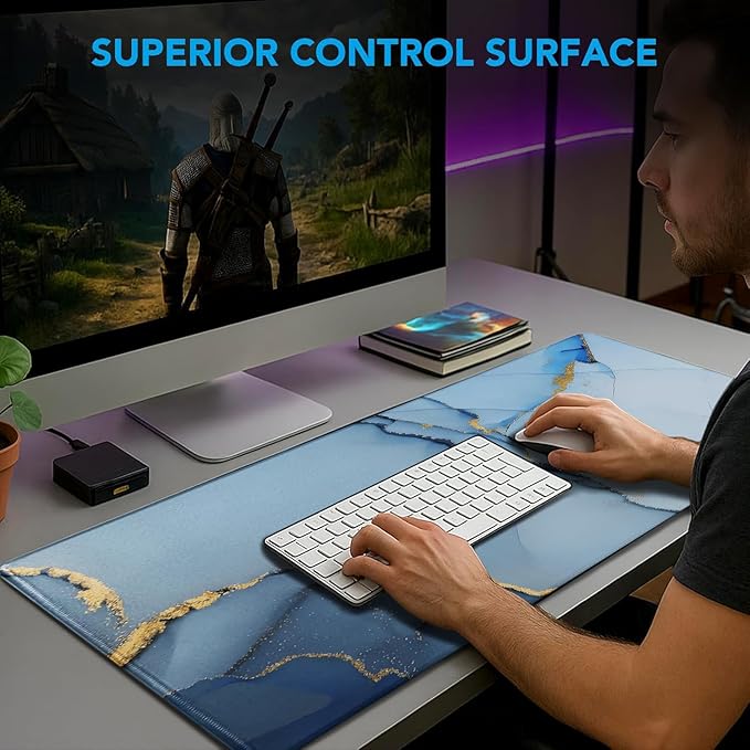 Gaming Mouse Pad, Large Pad with Non-Slip Rubber Base, Waterproof Mousepad with Stitched Edges, XXL Computer Long Keyboard Mouse Mat for Gamer, Office & Home, 31.5" x 15.7", Marble Blue