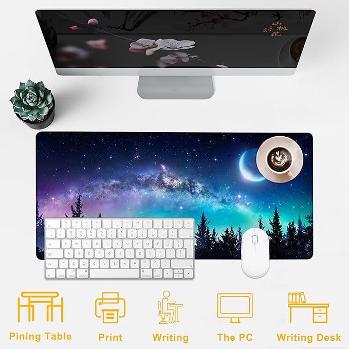 Desk Mat Moon Starry Sky Desk Pad for Keyboard and Mouse, Large Big Gaming Mouse Pad with Stitched Edges for Work Game, 35.43 x 15.75 in