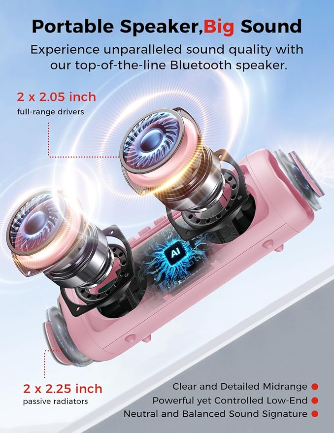 Bluetooth Speaker with HD Sound, Portable Wireless, IPX5 Waterproof, Up to 20H Playtime, TWS Pairing, BT5.3, for Home/Party/Outdoor/Beach, Electronic Gadgets, Birthday Gift (Pink)
