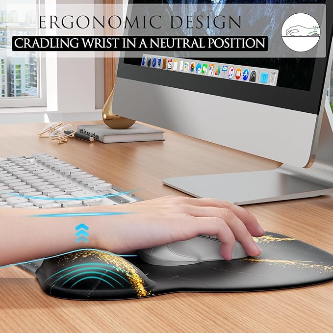 MROCO Ergonomic Mouse Pad with Gel Wrist Rest, Smooth Wrist Support Surface, Non-Slip PU Base for Pain Relief, Comfortable Mousepad for Computer, Laptop, Office & Home, 9.4 x 8.1 in, Black Gold