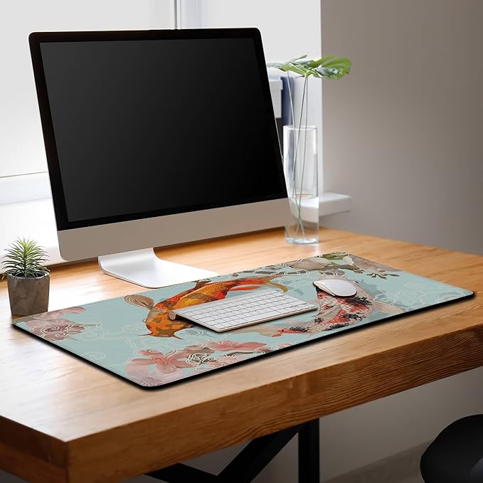 XXL Mouse Pad, Gaming Mousepads Desktop Mats, Extra Large Desk Pad Non-Slip Rubber Base Waterproof with Stitched Edges, 35.4 X 15.7 inch for Work/Game/Office/Home Japanese Traditional Fish