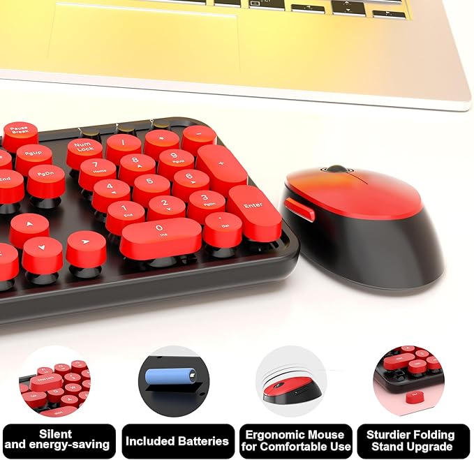 Wireless Keyboard and Mouse, COOFUN Retro Typewriter Keyboard with Round Keycaps, Full-Size Ergonomic, Ideal for Windows PC, Home, Office, and College Black and Red