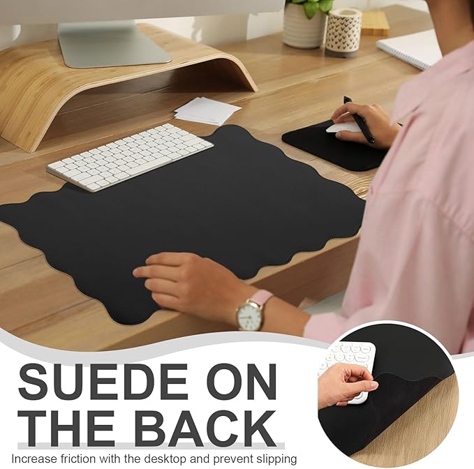 Scalloped Desk Mat Leather Desk Pad Protector Non-Slip PU Leather Table Protector Waterproof Mouse Pad Keyboard Mat Curly Mousepad PC Accessories Gift for Office Home (Black)
